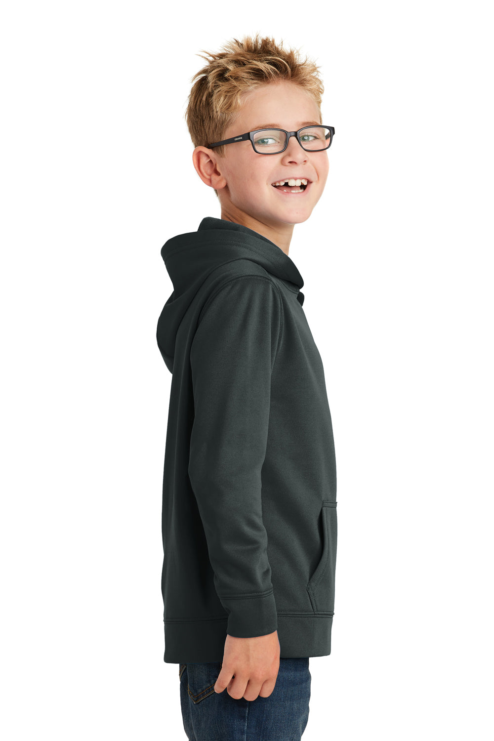 Port & Company PC590YH Youth Dry Zone Performance Moisture Wicking Fleece Hooded Sweatshirt Hoodie Jet Black Model Side