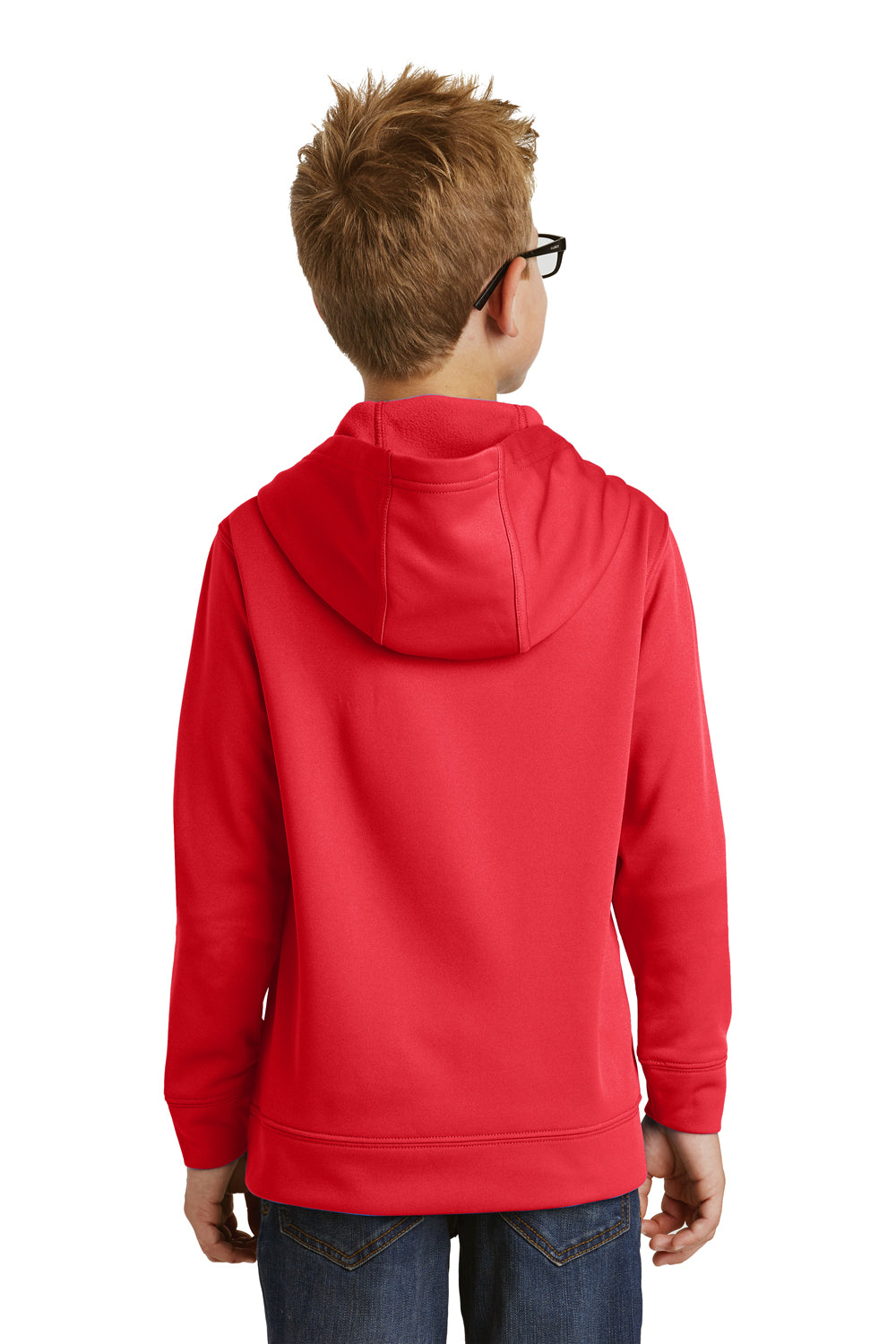 Port & Company PC590YH Youth Dry Zone Performance Moisture Wicking Fleece Hooded Sweatshirt Hoodie Red Model Back