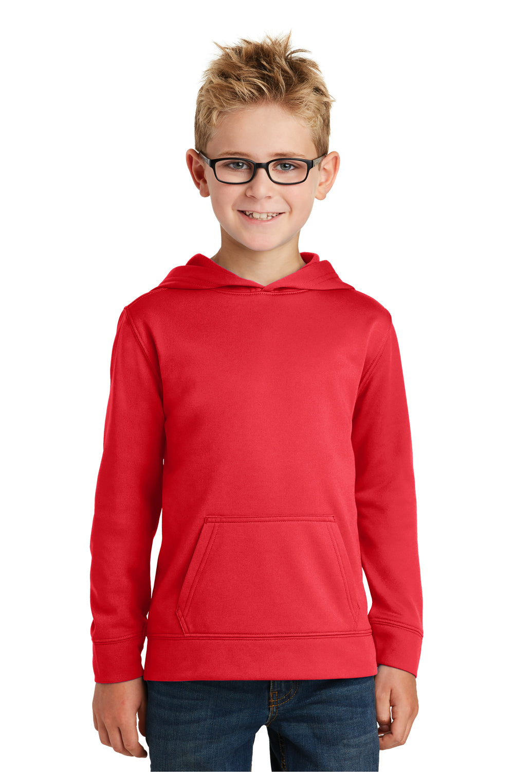 Port & Company PC590YH Youth Dry Zone Performance Moisture Wicking Fleece Hooded Sweatshirt Hoodie Red Model Front