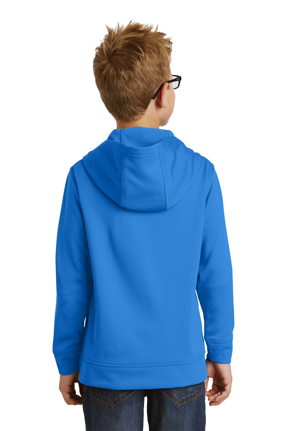 Port & Company PC590YH Youth Dry Zone Performance Moisture Wicking Fleece Hooded Sweatshirt Hoodie Royal Blue Model Back