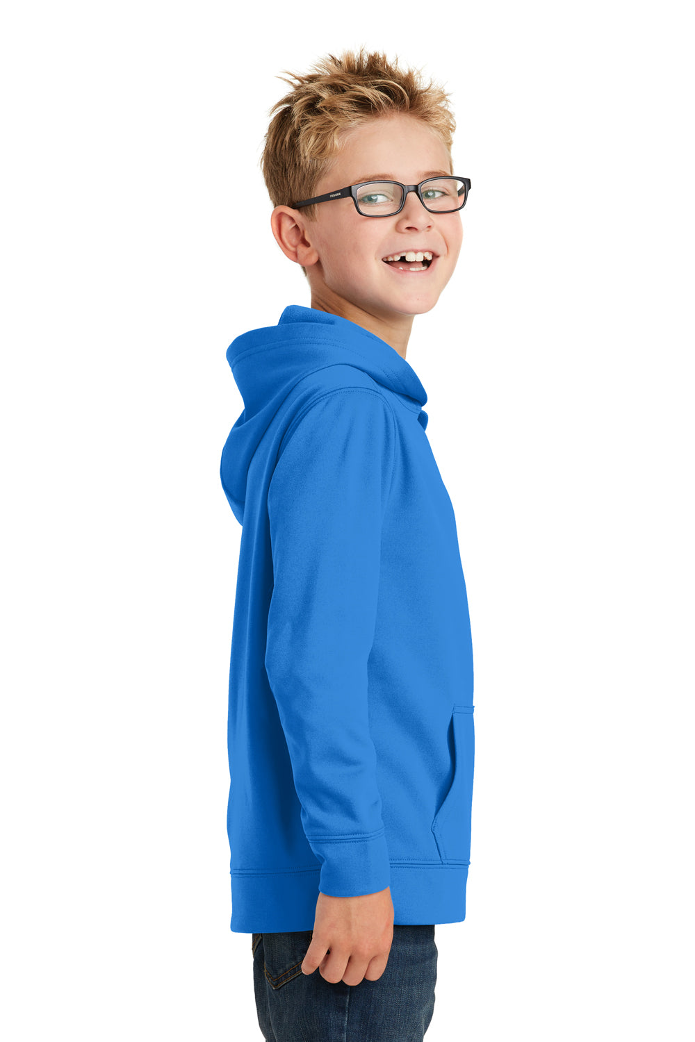 Port & Company PC590YH Youth Dry Zone Performance Moisture Wicking Fleece Hooded Sweatshirt Hoodie Royal Blue Model Side