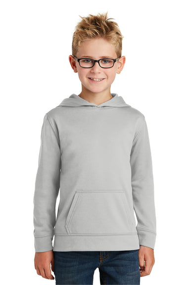 Port & Company PC590YH Youth Dry Zone Performance Moisture Wicking Fleece Hooded Sweatshirt Hoodie Silver Grey Model Front