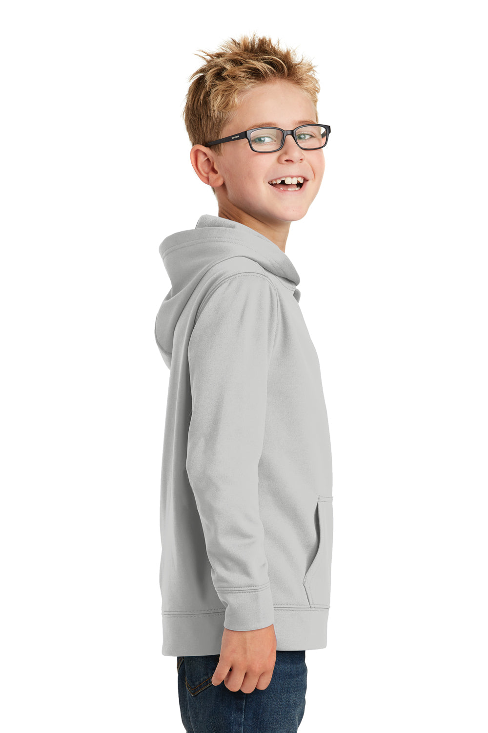 Port & Company PC590YH Youth Dry Zone Performance Moisture Wicking Fleece Hooded Sweatshirt Hoodie Silver Grey Model Side