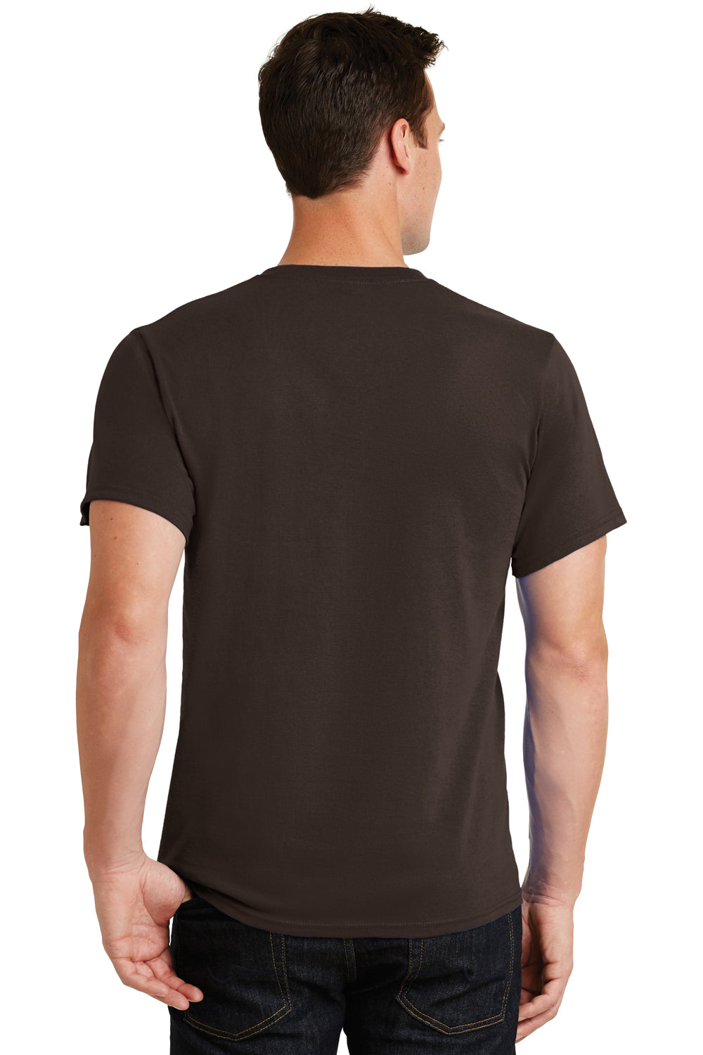 Port & Company PC61/PC61T Mens Essential Short Sleeve Crewneck T-Shirt Dark Chocolate Brown Model Back