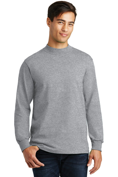 Port & Company PC61M Mens Essential Long Sleeve Mock Neck T-Shirt Heather Grey Model Front