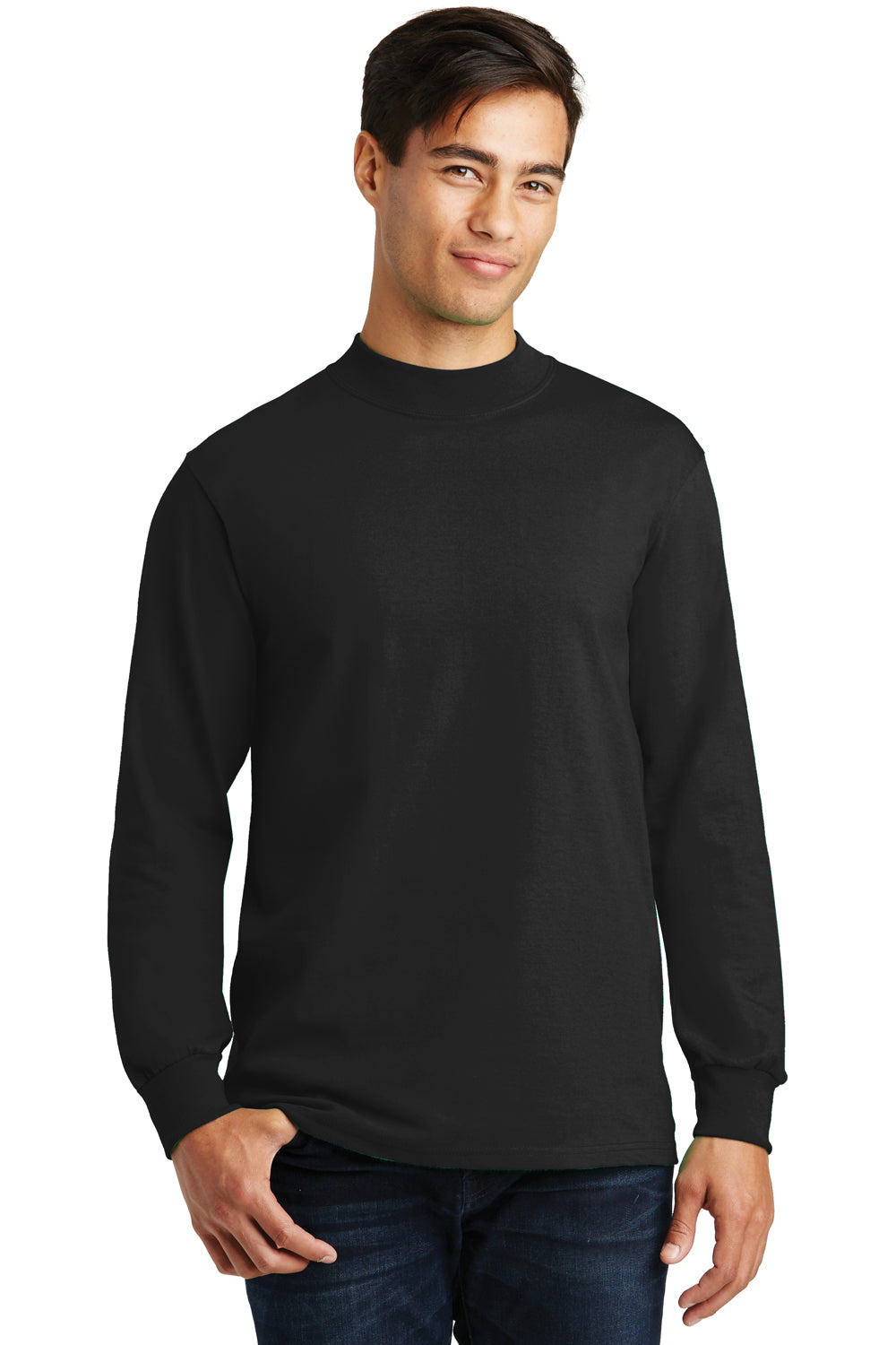 Port & Company PC61M Mens Essential Long Sleeve Mock Neck T-Shirt Jet Black Model Front