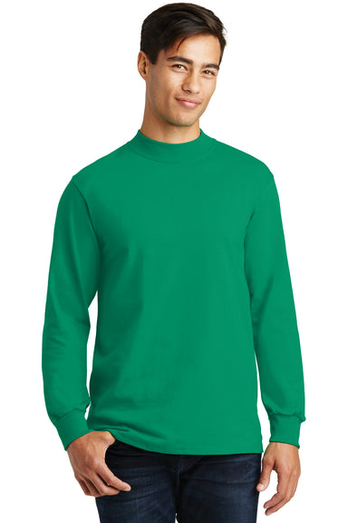 Port & Company PC61M Mens Essential Long Sleeve Mock Neck T-Shirt Kelly Green Model Front