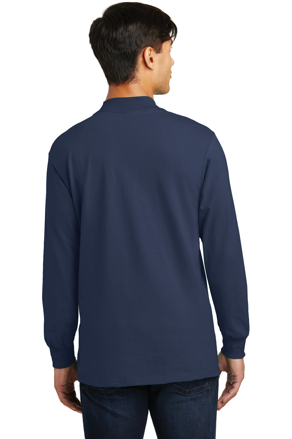 Port & Company PC61M Mens Essential Long Sleeve Mock Neck T-Shirt Navy Blue Model Back