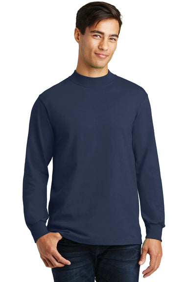 Port & Company PC61M Mens Essential Long Sleeve Mock Neck T-Shirt Navy Blue Model Front