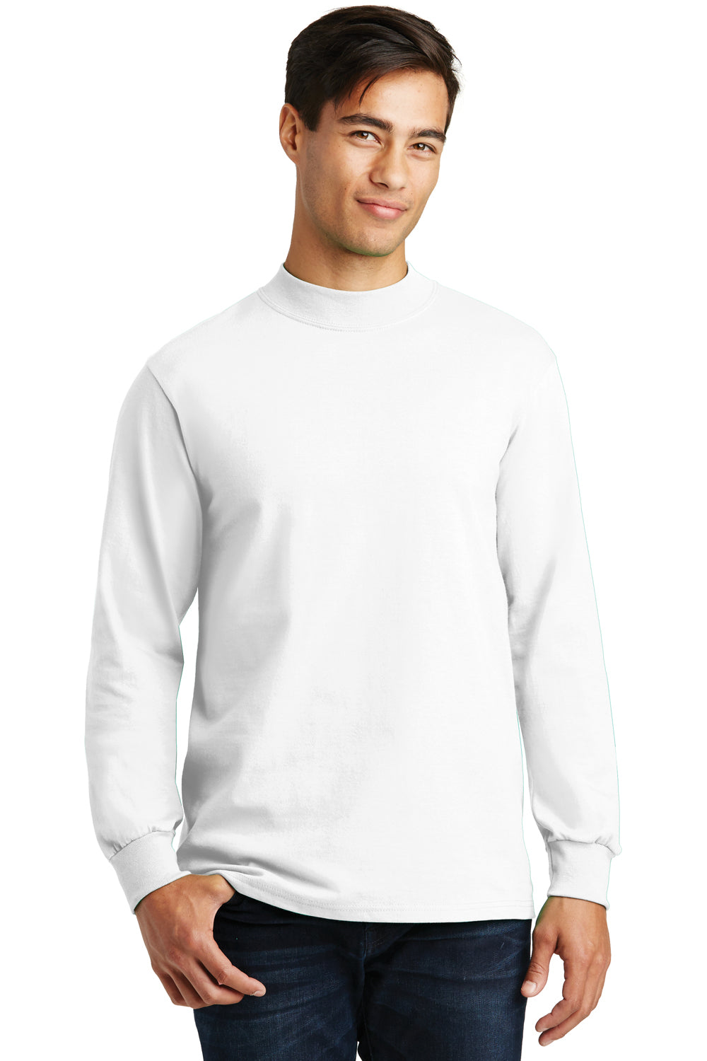 Port Company Mens Essential Long Sleeve Mock Neck T Shirt White