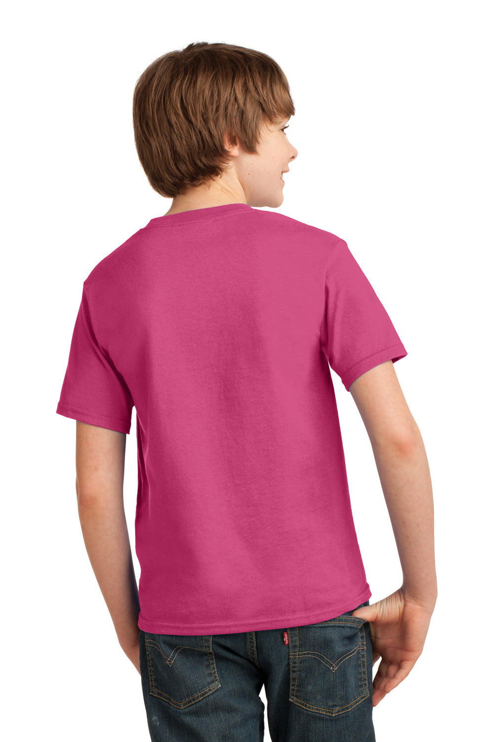 Port & Company PC61Y Youth Essential Short Sleeve Crewneck T-Shirt Sangria Pink Model Back