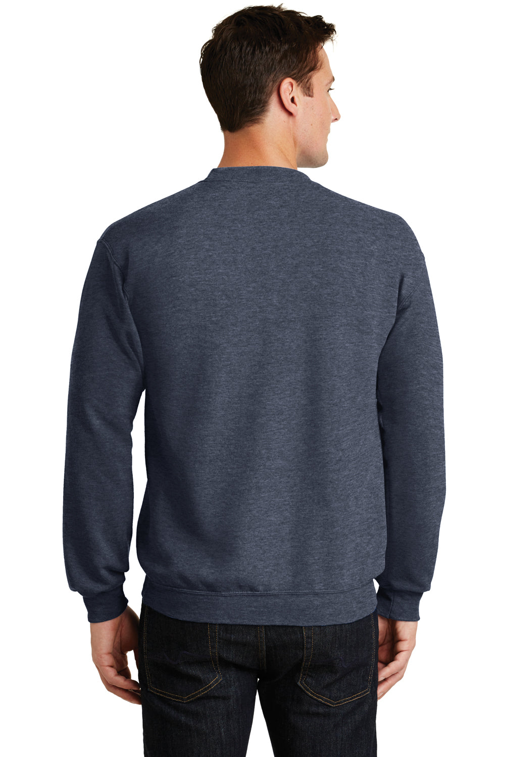 Port & Company PC78 Mens Core Pill Resistant Fleece Crewneck Sweatshirt Heather Navy Blue Model Back