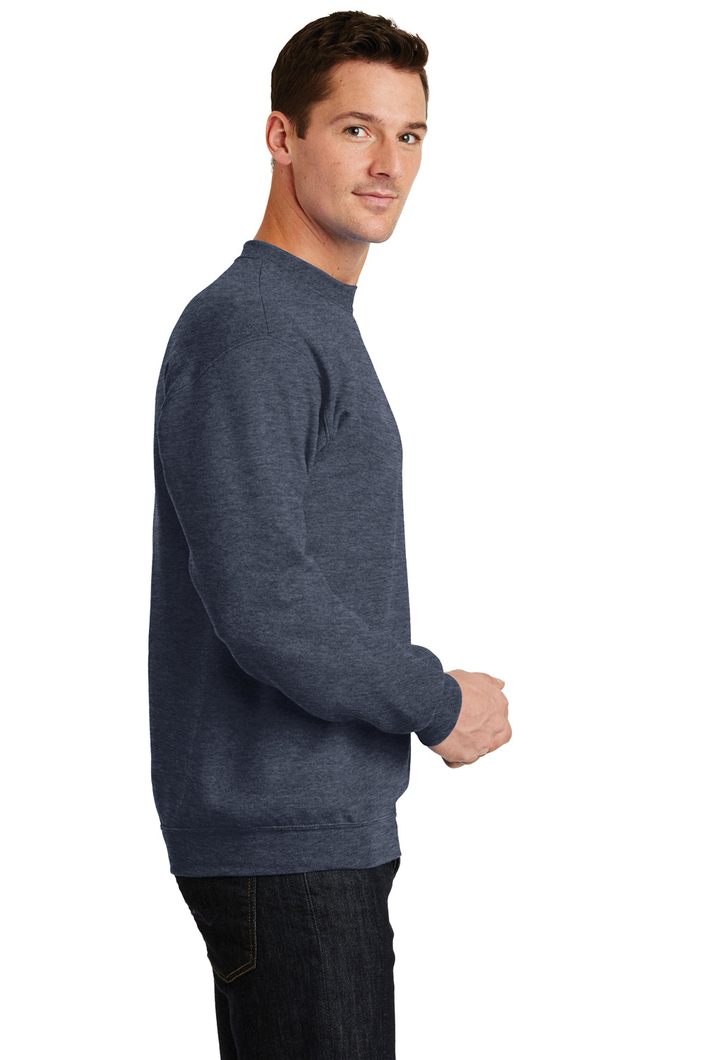 Port & Company PC78 Mens Core Pill Resistant Fleece Crewneck Sweatshirt Heather Navy Blue Model Side