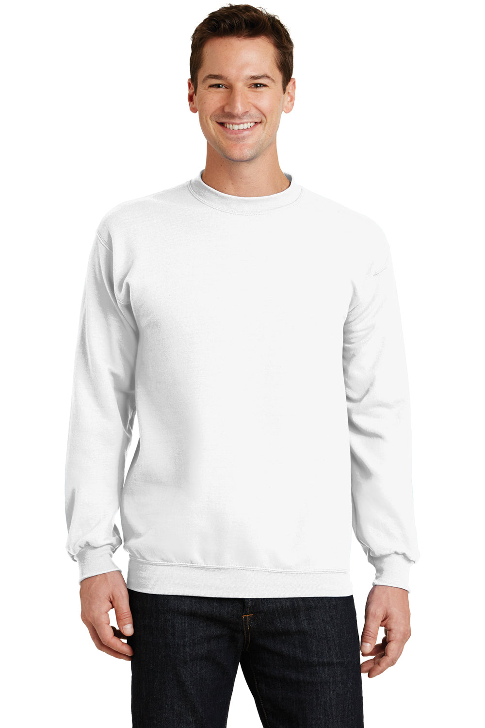 Port & Company PC78 Mens Core Pill Resistant Fleece Crewneck Sweatshirt White Model Front