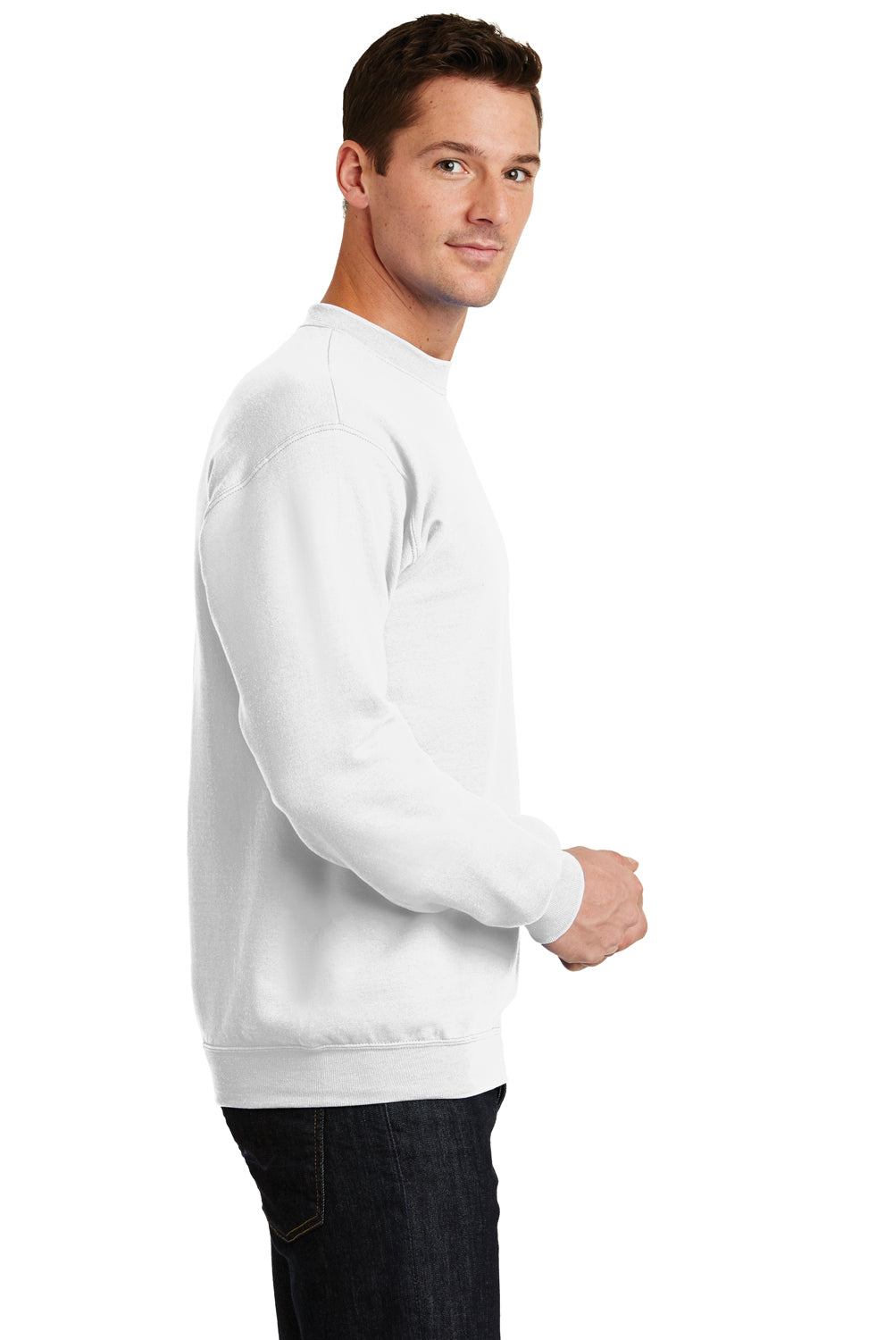 Port & Company PC78 Mens Core Pill Resistant Fleece Crewneck Sweatshirt White Model Side