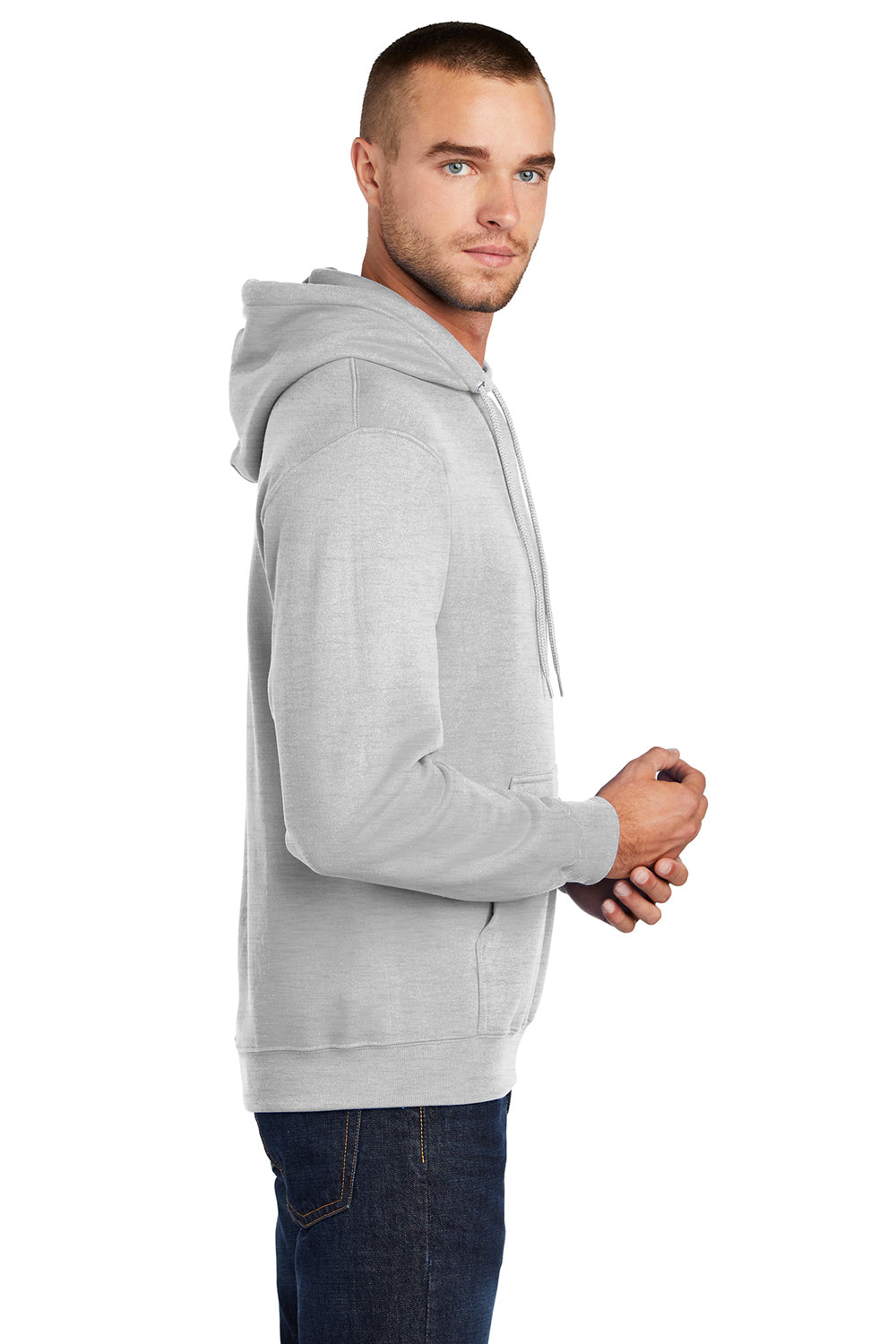 Port & Company PC78H/PC78HT Mens Core Pill Resistant Fleece Hooded Sweatshirt Hoodie Ash Grey Model Side