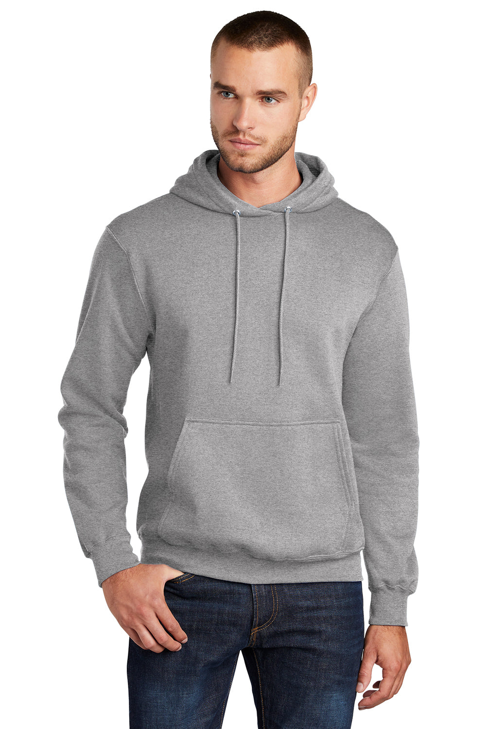 Port & Company PC78H/PC78HT Mens Core Pill Resistant Fleece Hooded Sweatshirt Hoodie Heather Grey Model Front