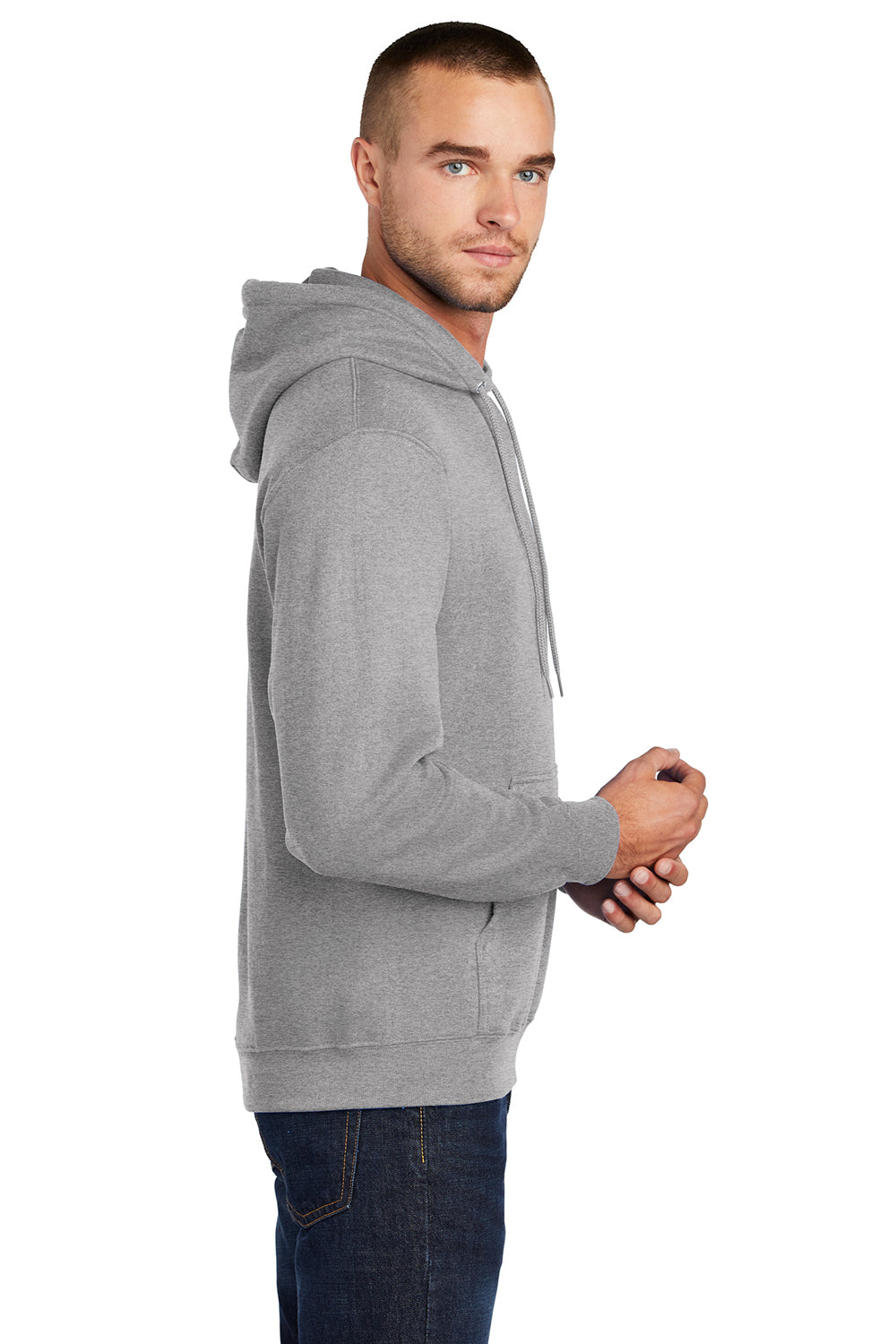 Port & Company PC78H/PC78HT Mens Core Pill Resistant Fleece Hooded Sweatshirt Hoodie Heather Grey Model Side