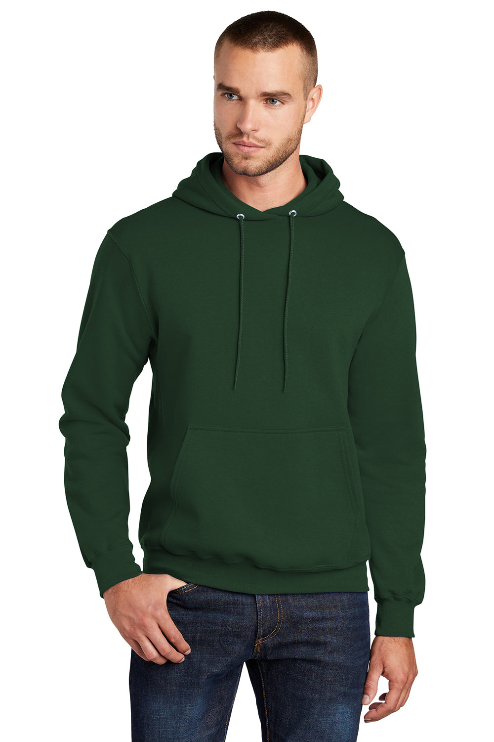 Port & Company PC78H/PC78HT Mens Core Pill Resistant Fleece Hooded Sweatshirt Hoodie Dark Green Model Front