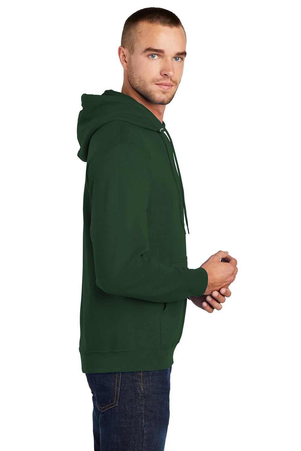 Port & Company PC78H/PC78HT Mens Core Pill Resistant Fleece Hooded Sweatshirt Hoodie Dark Green Model Side