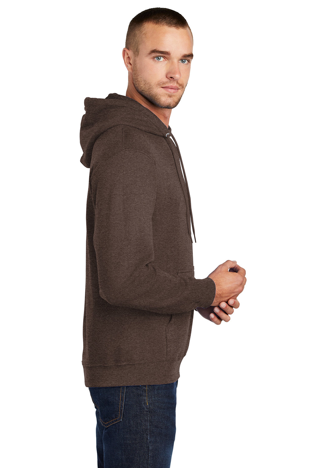 Port & Company PC78H/PC78HT Mens Core Pill Resistant Fleece Hooded Sweatshirt Hoodie Heather Dark Chocolate Brown Model Side