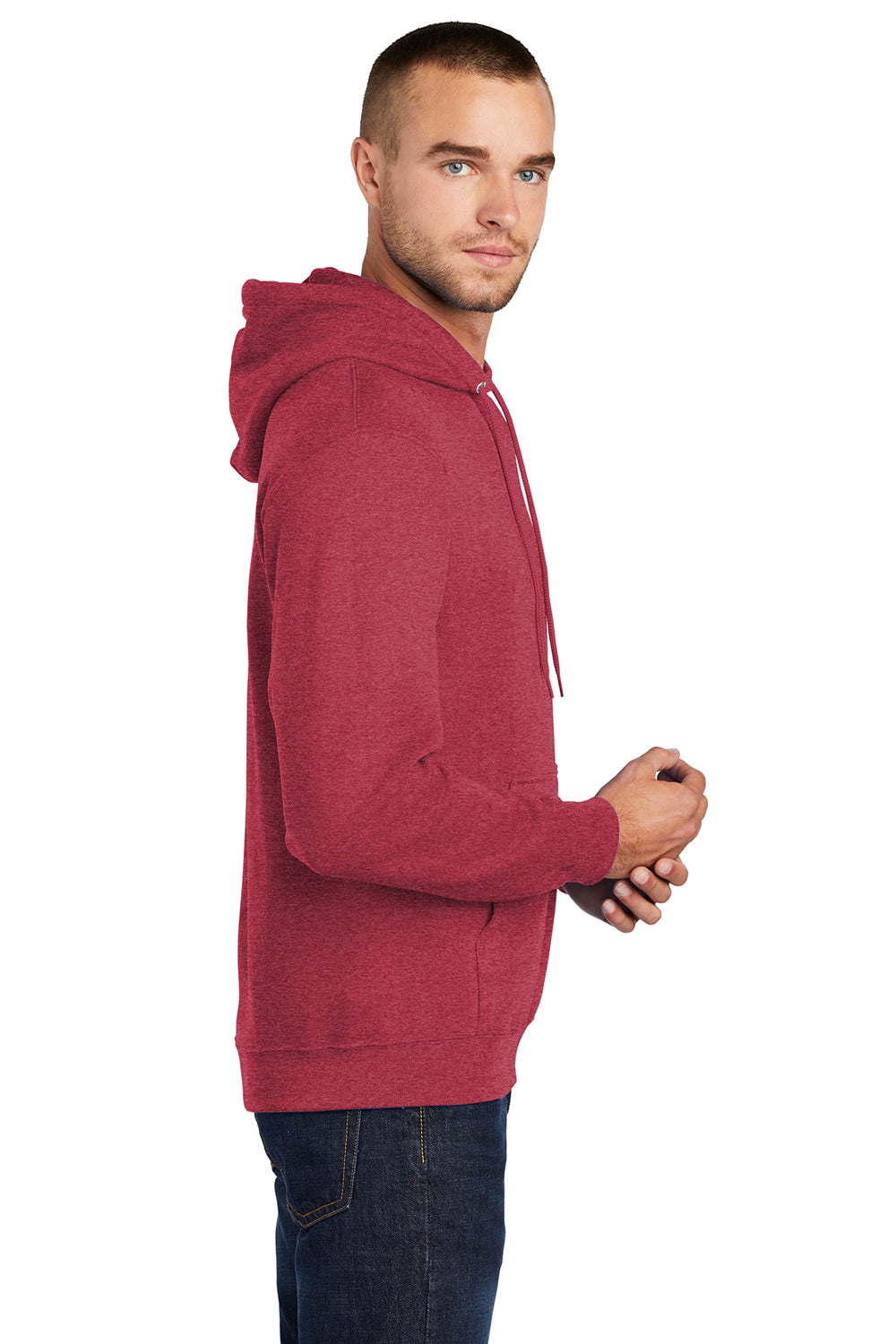 Port & Company PC78H/PC78HT Mens Core Pill Resistant Fleece Hooded Sweatshirt Hoodie Heather Red Model Side