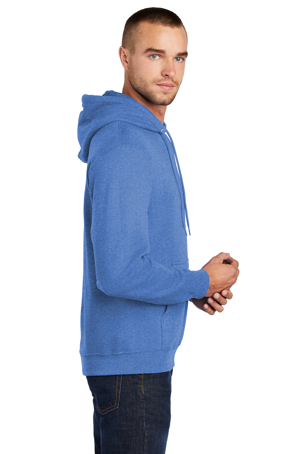 Port & Company PC78H/PC78HT Mens Core Pill Resistant Fleece Hooded Sweatshirt Hoodie Heather Royal Blue Model Side