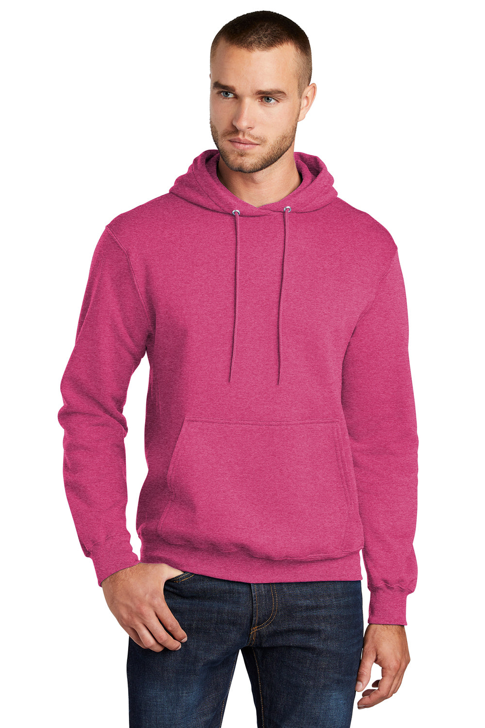 Port & Company PC78H/PC78HT Mens Core Pill Resistant Fleece Hooded Sweatshirt Hoodie Heather Sangria Pink Model Front