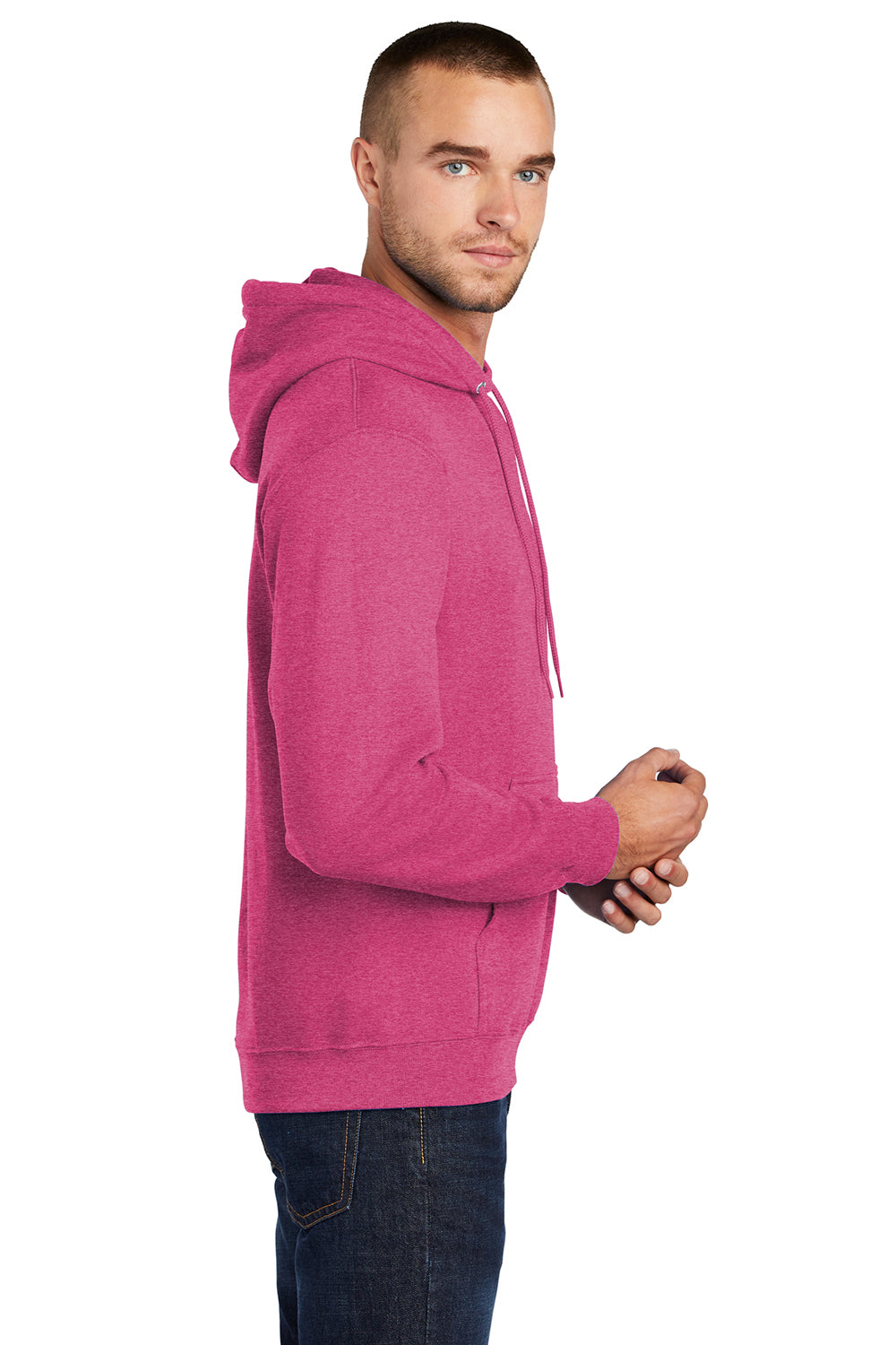 Port & Company PC78H/PC78HT Mens Core Pill Resistant Fleece Hooded Sweatshirt Hoodie Heather Sangria Pink Model Side