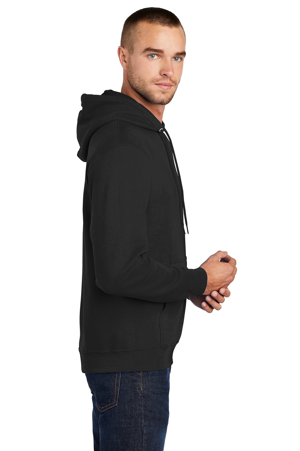 Port & Company PC78H/PC78HT Mens Core Pill Resistant Fleece Hooded Sweatshirt Hoodie Jet Black Model Side