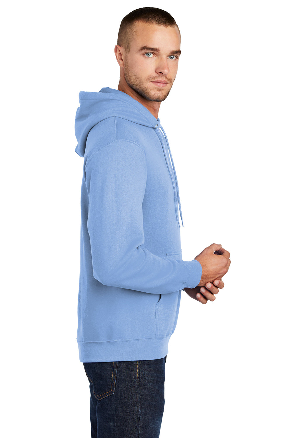 Port & Company PC78H/PC78HT Mens Core Pill Resistant Fleece Hooded Sweatshirt Hoodie Light Blue Model Side