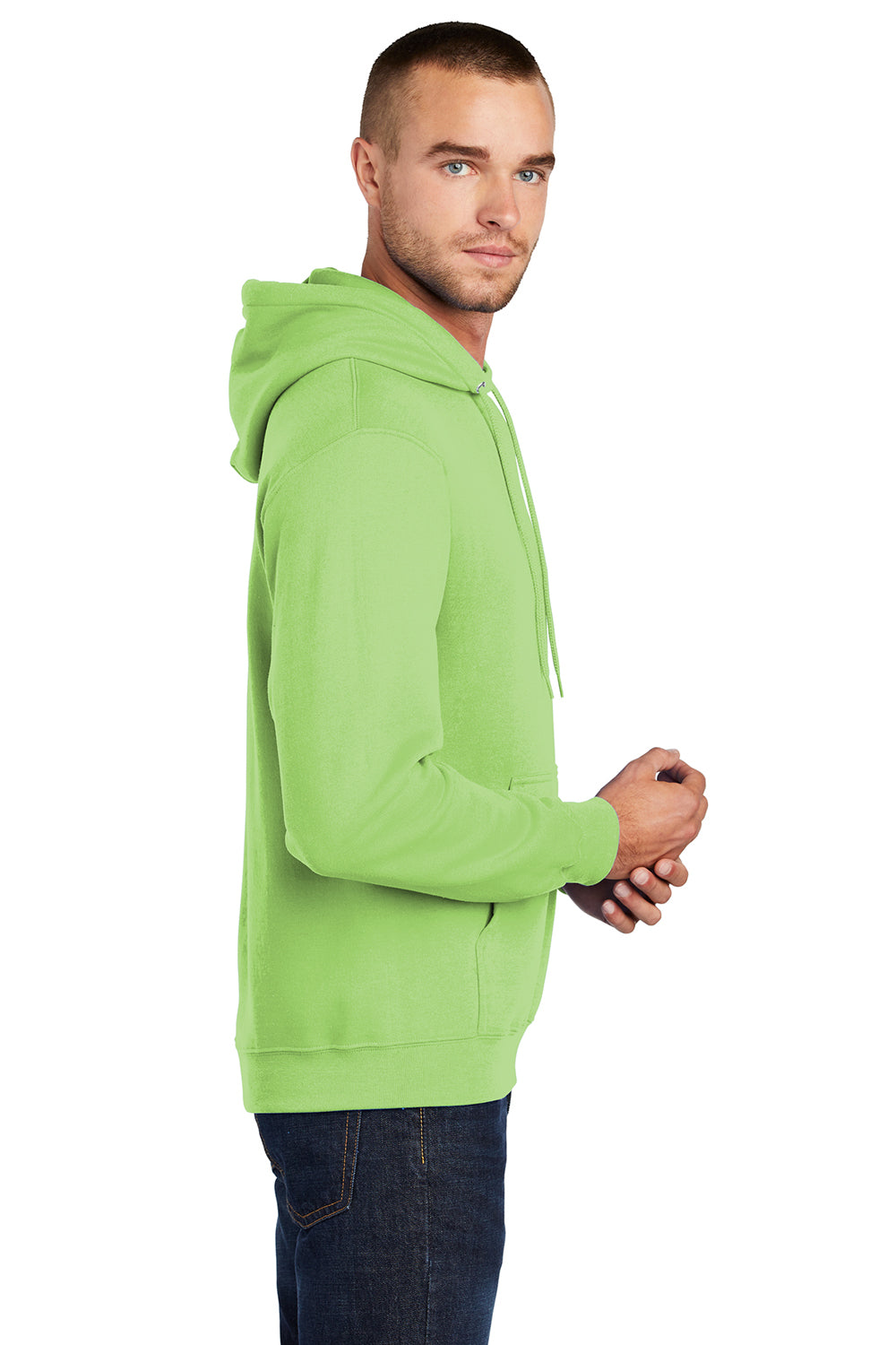 Port & Company PC78H/PC78HT Mens Core Pill Resistant Fleece Hooded Sweatshirt Hoodie Lime Green Model Side