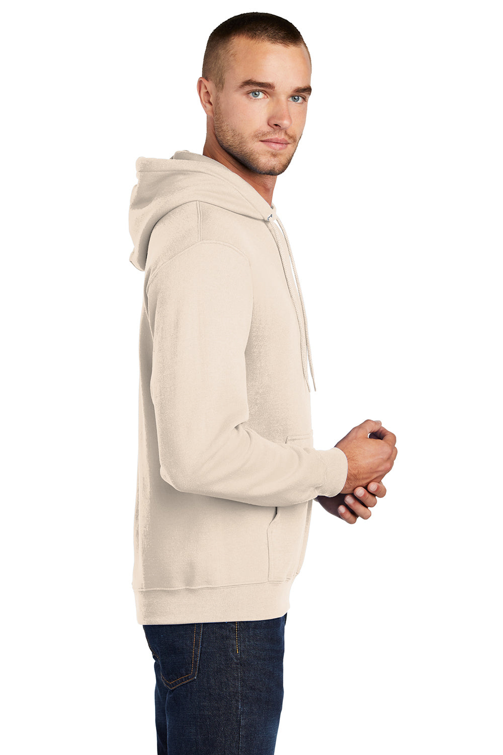 Port & Company PC78H/PC78HT Mens Core Pill Resistant Fleece Hooded Sweatshirt Hoodie Natural Model Side