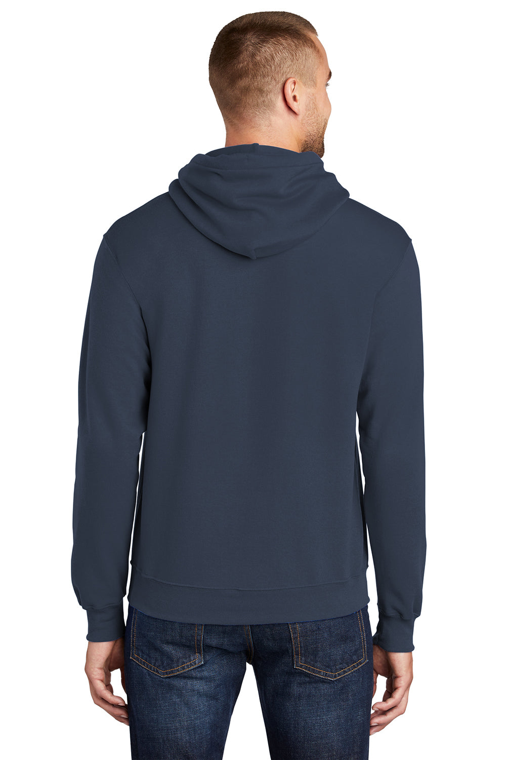 Port & Company PC78H/PC78HT Mens Core Pill Resistant Fleece Hooded Sweatshirt Hoodie Navy Blue Model Back