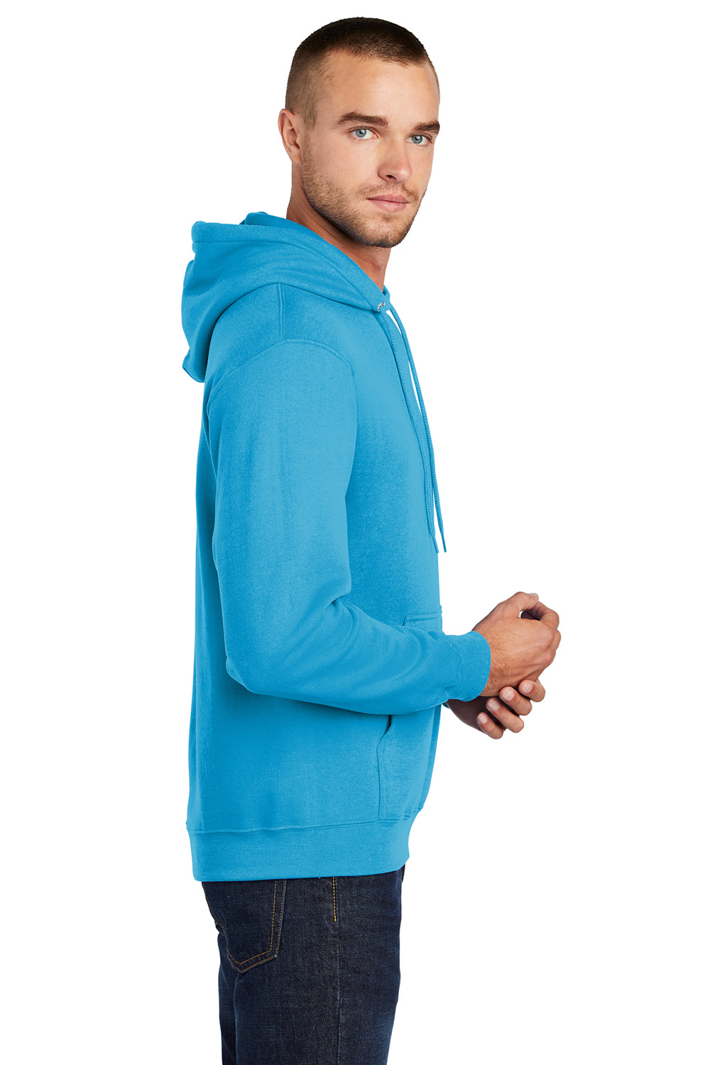 Port & Company PC78H/PC78HT Mens Core Pill Resistant Fleece Hooded Sweatshirt Hoodie Neon Blue Model Side