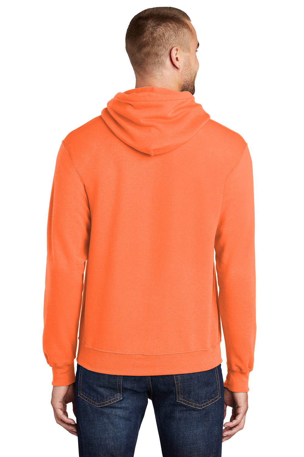 Port & Company PC78H/PC78HT Mens Core Pill Resistant Fleece Hooded Sweatshirt Hoodie Neon Orange Model Back