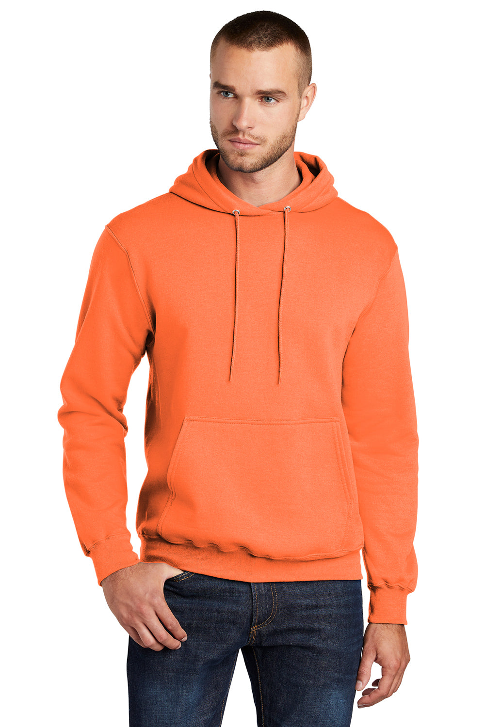 Port & Company PC78H/PC78HT Mens Core Pill Resistant Fleece Hooded Sweatshirt Hoodie Neon Orange Model Front