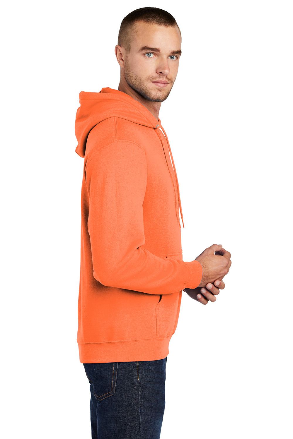 Port & Company PC78H/PC78HT Mens Core Pill Resistant Fleece Hooded Sweatshirt Hoodie Neon Orange Model Side