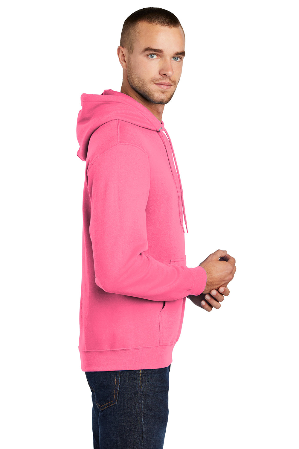 Port & Company PC78H/PC78HT Mens Core Pill Resistant Fleece Hooded Sweatshirt Hoodie Neon Pink Model Side