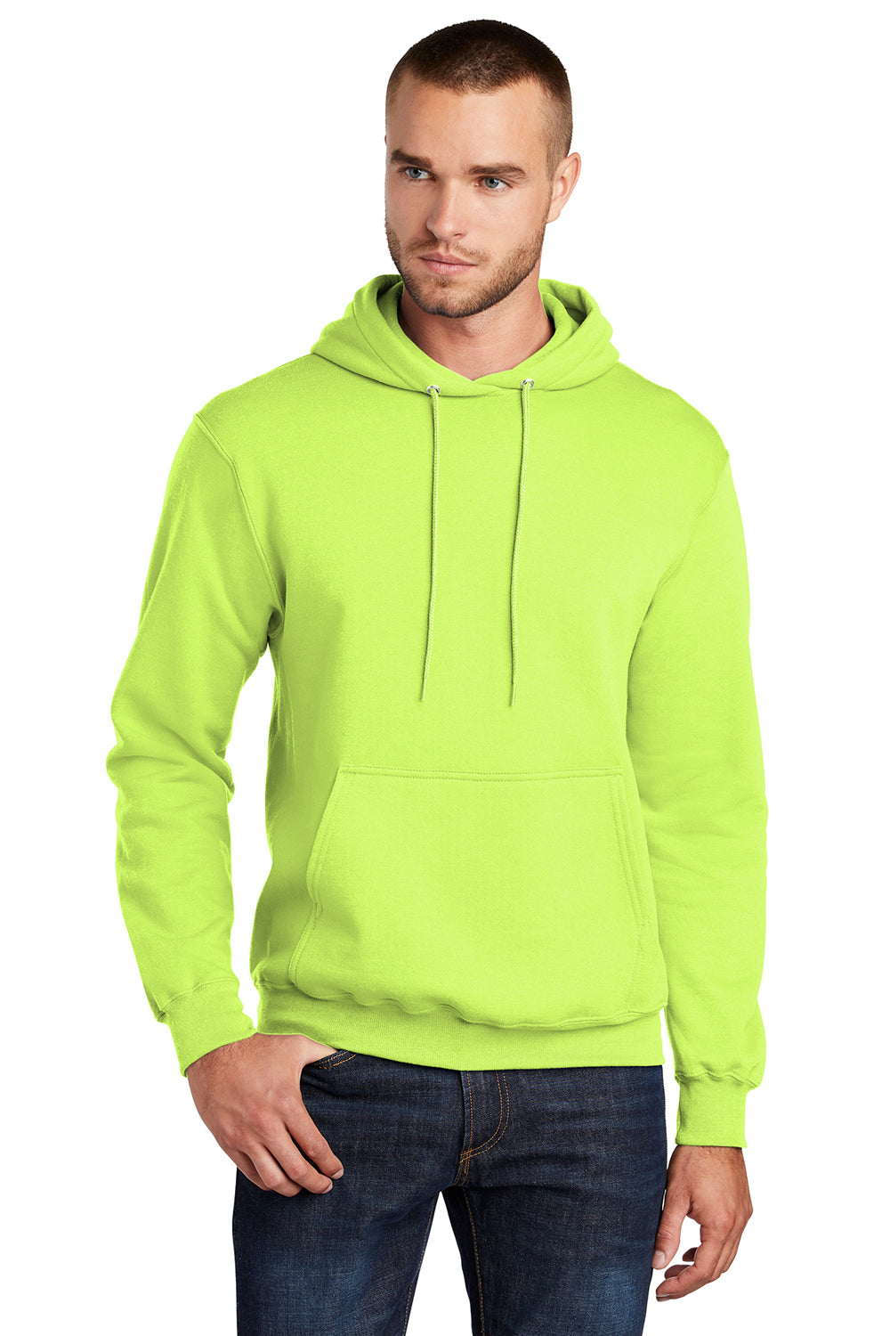 Port & Company PC78H/PC78HT Mens Core Pill Resistant Fleece Hooded Sweatshirt Hoodie Neon Yellow Model Front