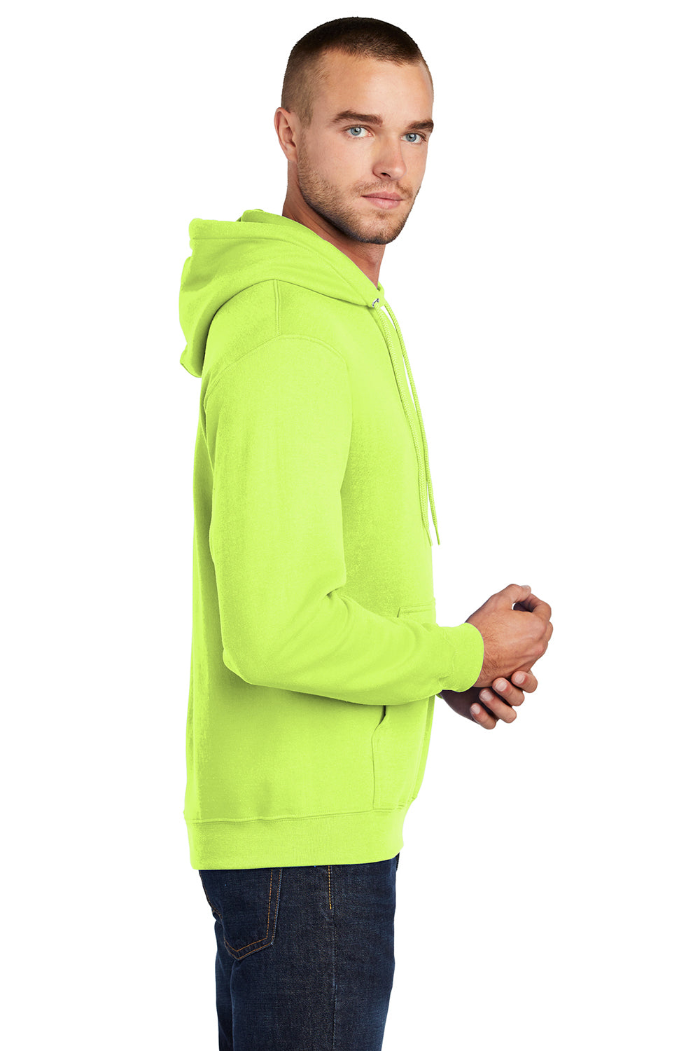 Port & Company PC78H/PC78HT Mens Core Pill Resistant Fleece Hooded Sweatshirt Hoodie Neon Yellow Model Side