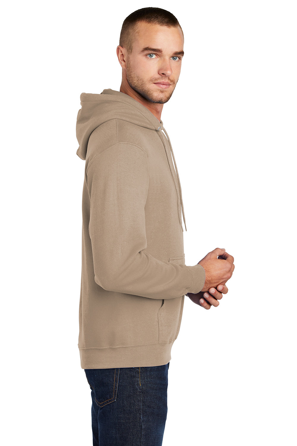 Port & Company PC78H/PC78HT Mens Core Pill Resistant Fleece Hooded Sweatshirt Hoodie Sand Model Side