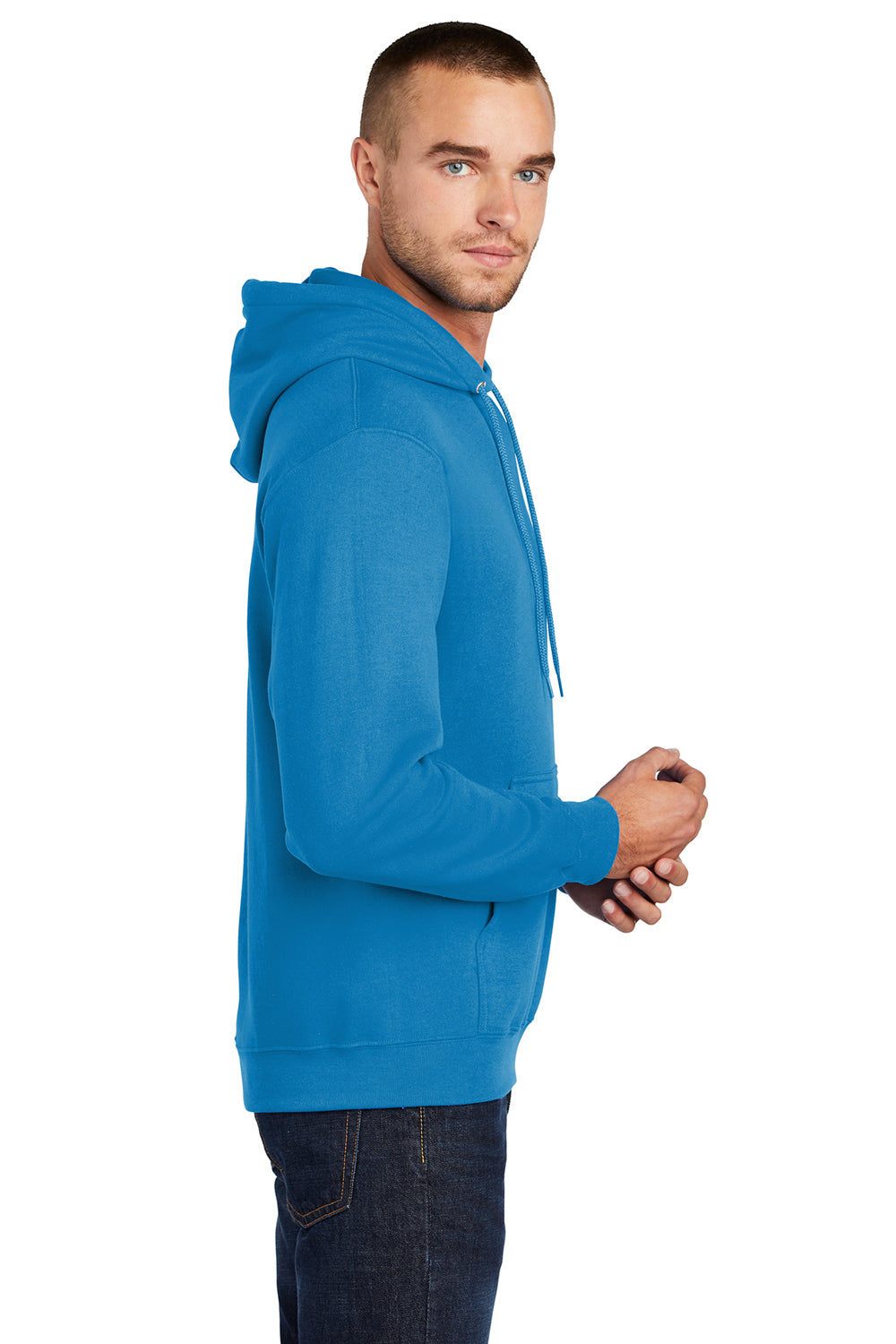 Port & Company PC78H/PC78HT Mens Core Pill Resistant Fleece Hooded Sweatshirt Hoodie Sapphire Blue Model Side