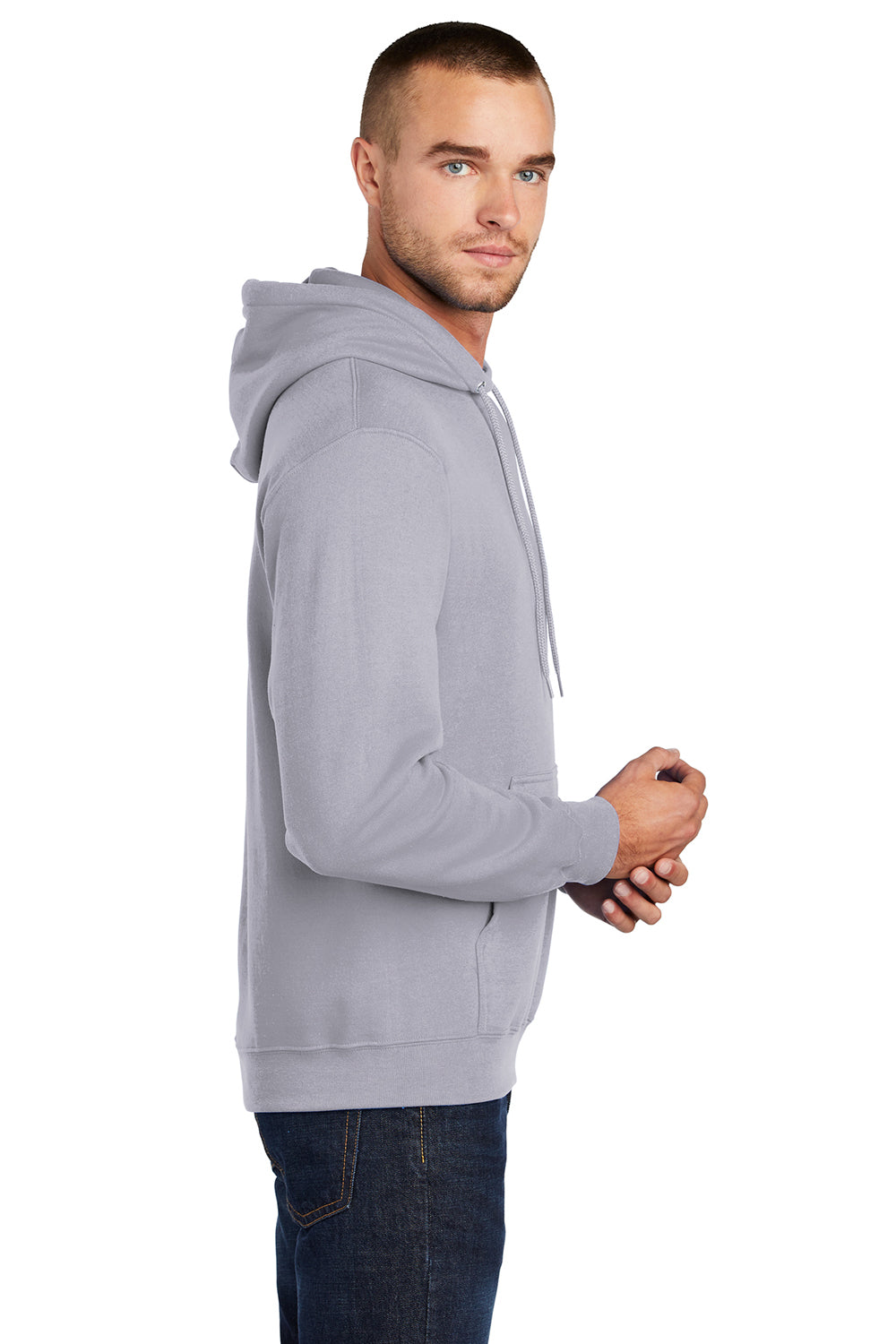 Port & Company PC78H/PC78HT Mens Core Pill Resistant Fleece Hooded Sweatshirt Hoodie Silver Grey Model Side