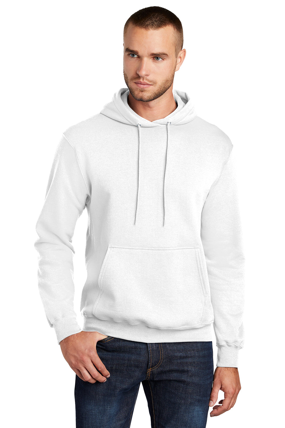 Port & Company PC78H/PC78HT Mens Core Pill Resistant Fleece Hooded Sweatshirt Hoodie White Model Front