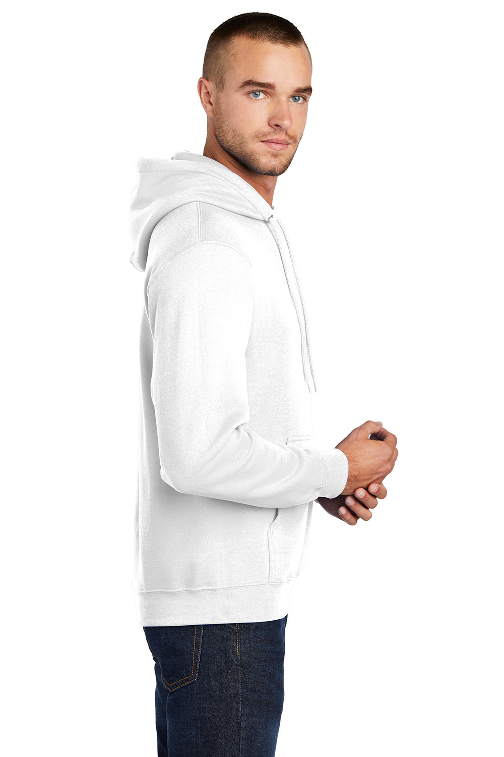 Port & Company PC78H/PC78HT Mens Core Pill Resistant Fleece Hooded Sweatshirt Hoodie White Model Side