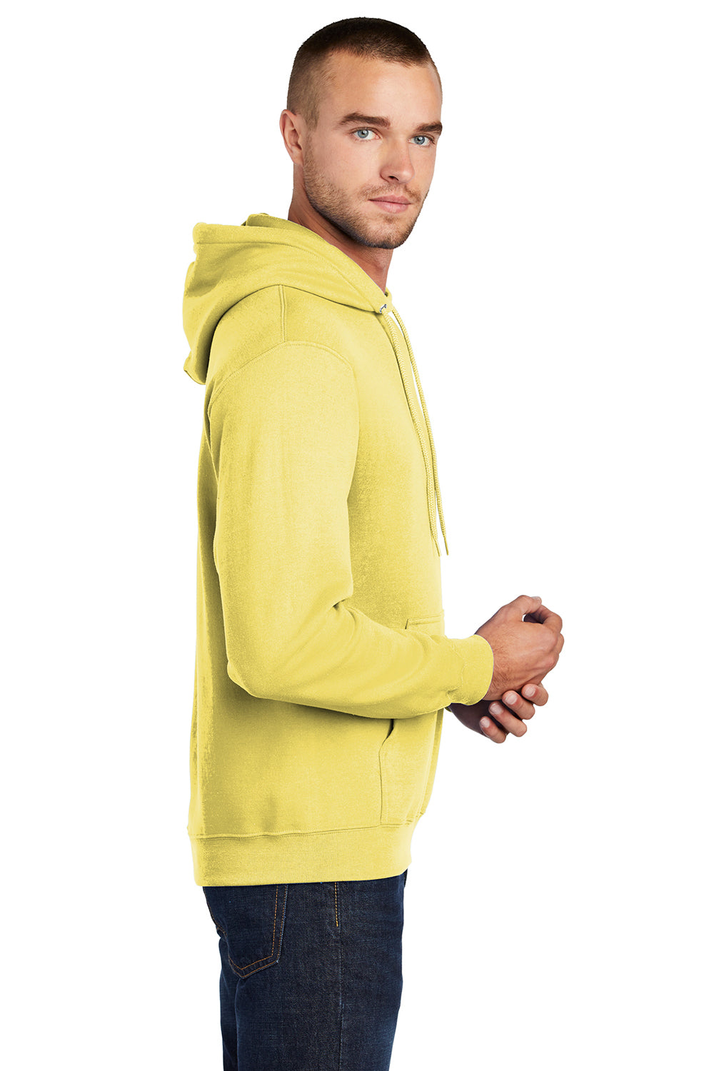 Port & Company PC78H/PC78HT Mens Core Pill Resistant Fleece Hooded Sweatshirt Hoodie Yellow Model Side