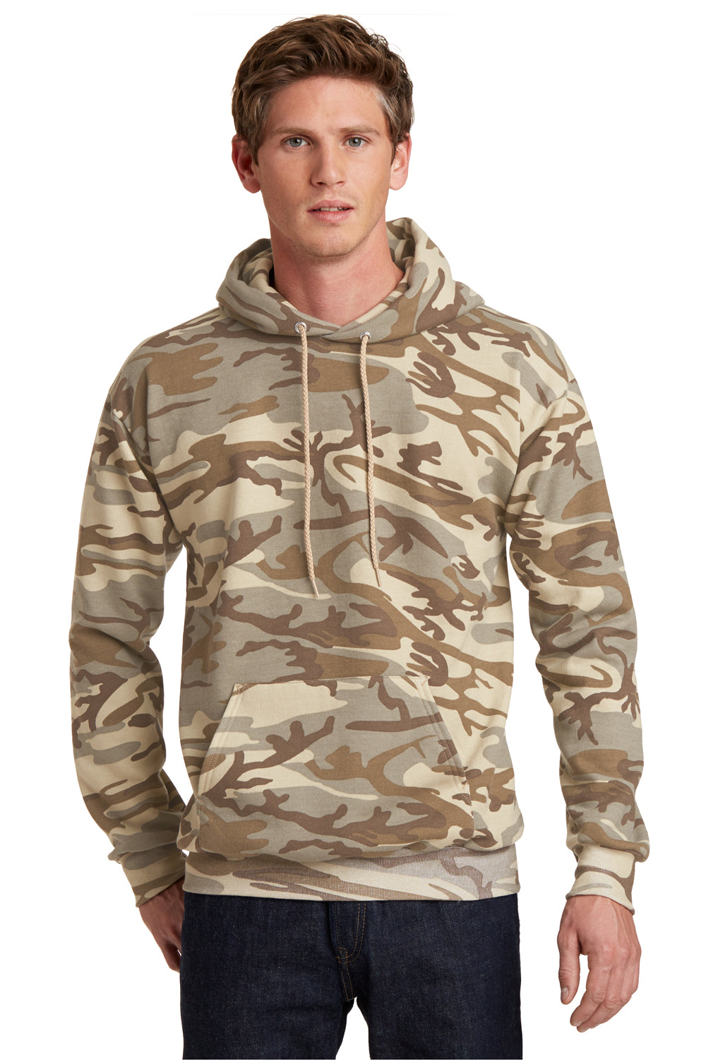 Port & Company PC78HC Mens Core Pill Resistant Fleece Hooded Sweatshirt Hoodie Desert Camo Model Front