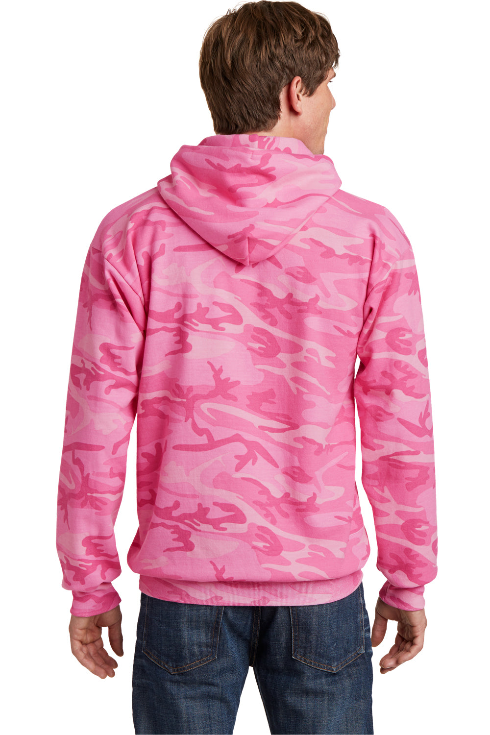 Port & Company PC78HC Mens Core Pill Resistant Fleece Hooded Sweatshirt Hoodie Pink Camo Model Back