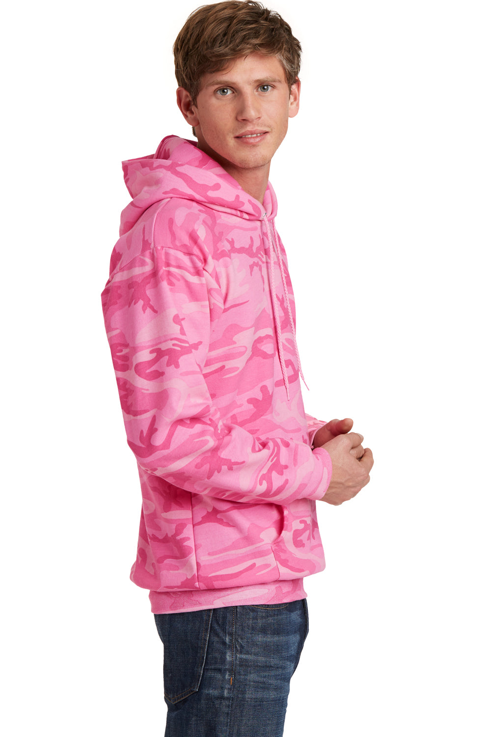 Port & Company PC78HC Mens Core Pill Resistant Fleece Hooded Sweatshirt Hoodie Pink Camo Model Side